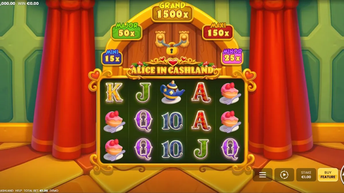 Visual vibrante e temático do slot Alice in Cashland com elementos de fantasia